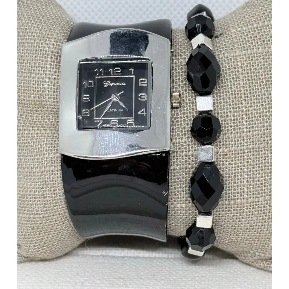 Geneva Platinum Black Cuff Watch + Handmade Beaded Bracelet Set